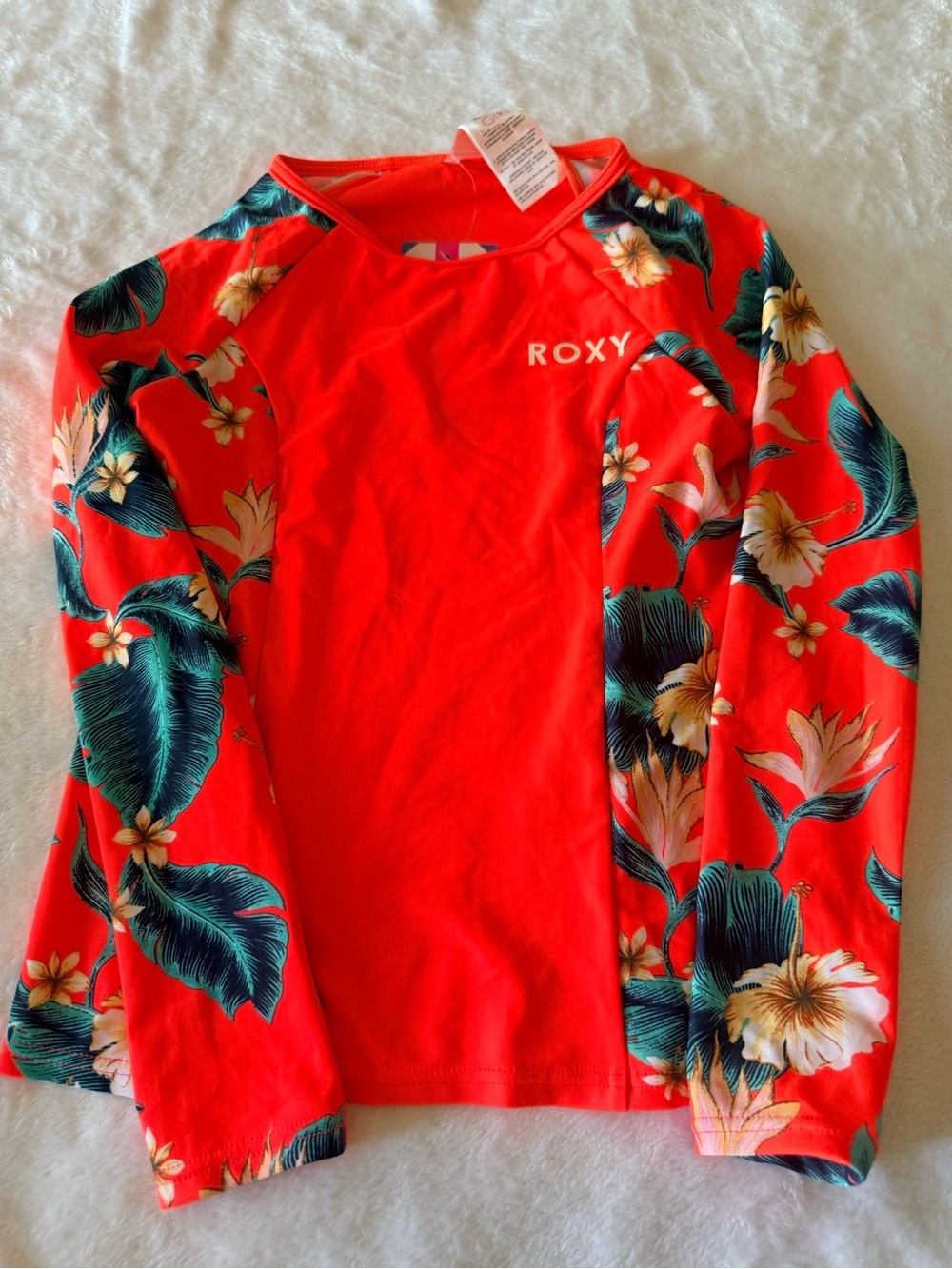 Roxy Girls' Coral Red Floral Long-Sleeve Rashguard